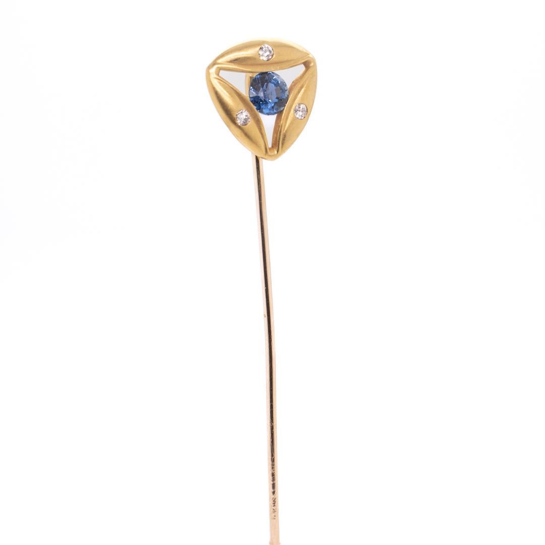 Antique Signed Art Deco Gold, Diamond, & Sapphire Stick Pin by The Brassler Co. In Good Condition For Sale In Philadelphia, PA