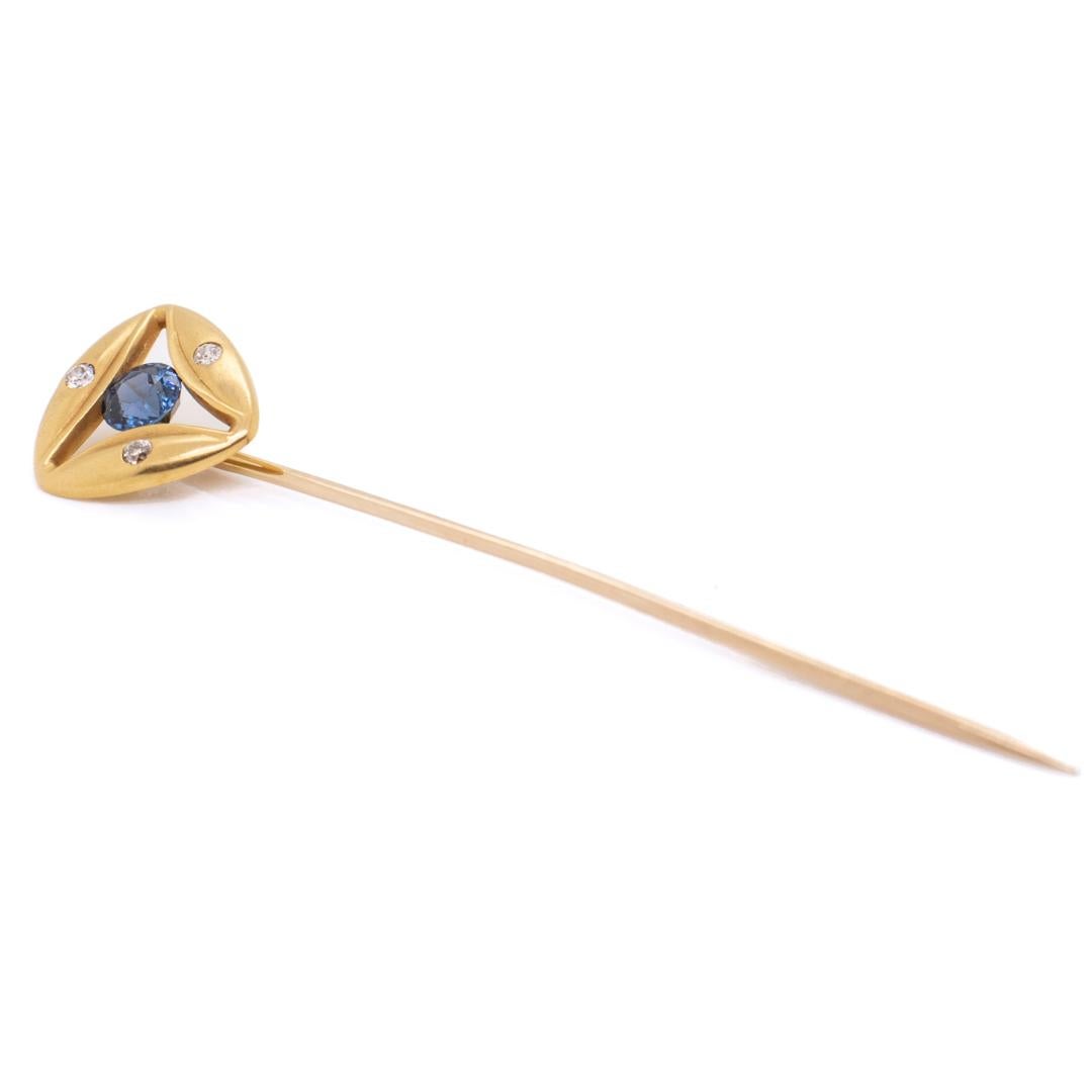 Women's or Men's Antique Signed Art Deco Gold, Diamond, & Sapphire Stick Pin by The Brassler Co. For Sale