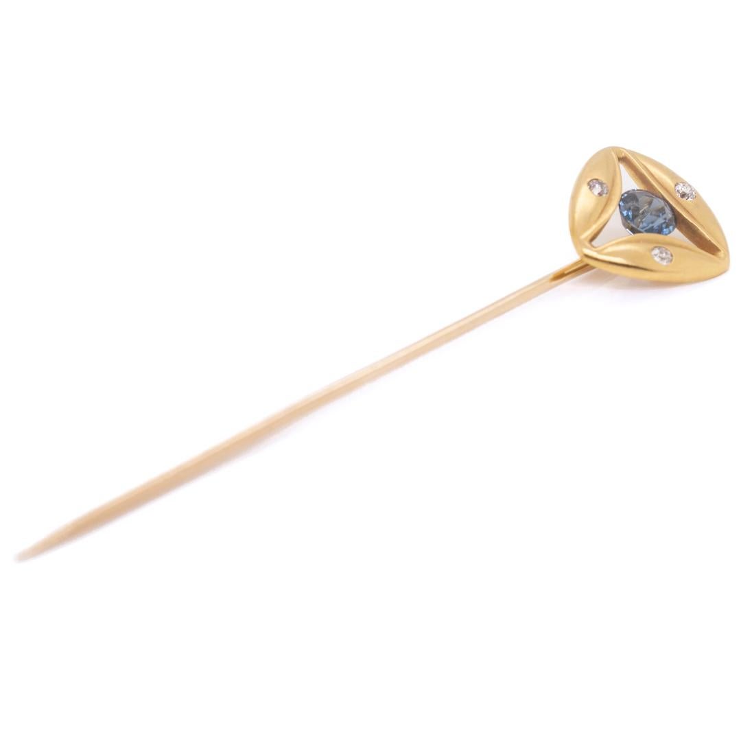 Antique Signed Art Deco Gold, Diamond, & Sapphire Stick Pin by The Brassler Co. For Sale 1