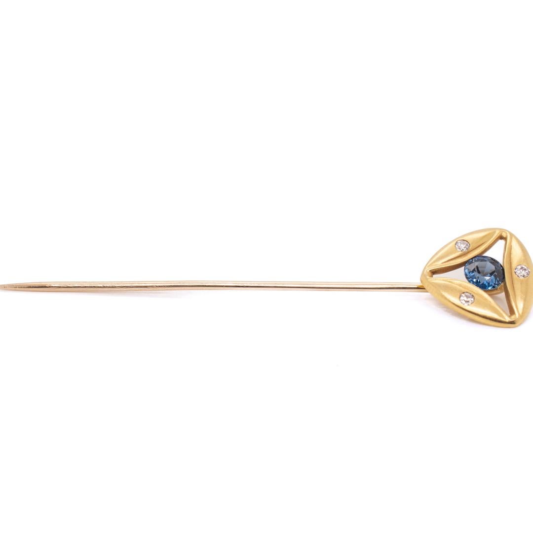 Antique Signed Art Deco Gold, Diamond, & Sapphire Stick Pin by The Brassler Co. For Sale 2