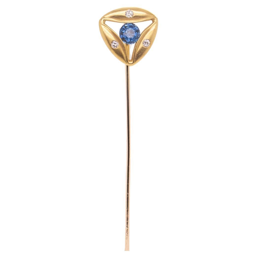 Antique Signed Art Deco Gold, Diamond, & Sapphire Stick Pin by The Brassler Co. For Sale