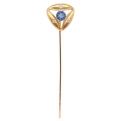 Antique Signed Art Deco Gold, Diamond, & Sapphire Stick Pin by The Brassler Co.