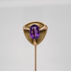 Antique Signed Art Nouveau Amethyst & 14k Gold Stick Pin by Brassler Co.