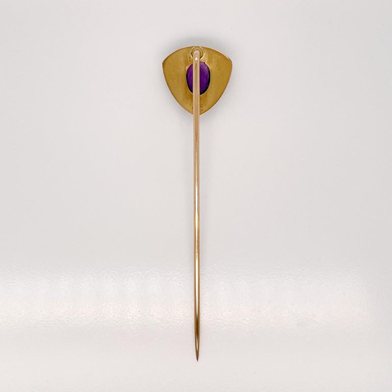 Antique Signed Art Nouveau Amethyst & 14k Gold Stick Pin by Brassler Co. In Good Condition For Sale In Philadelphia, PA