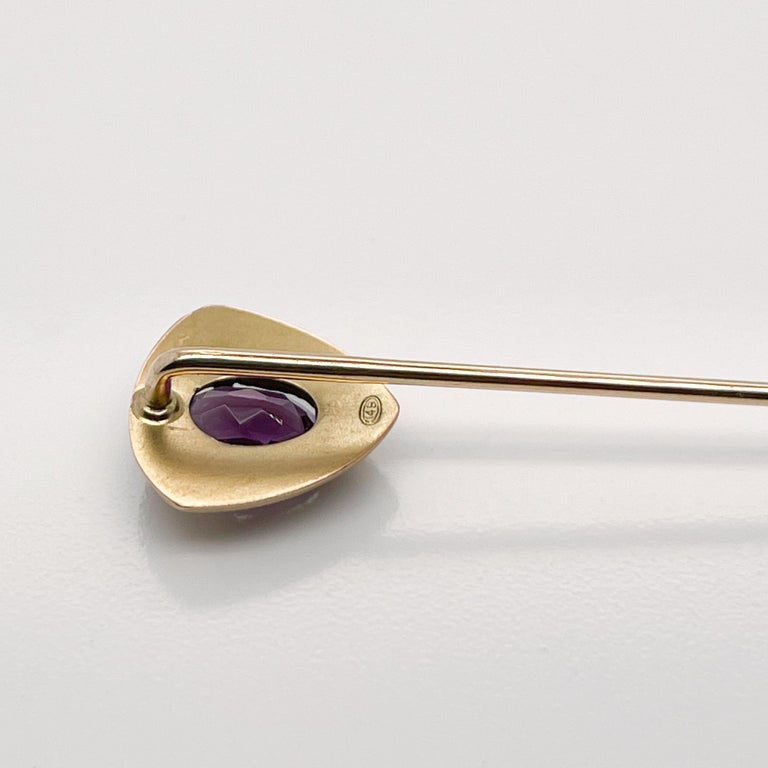 Women's or Men's Antique Signed Art Nouveau Amethyst & 14k Gold Stick Pin by Brassler Co. For Sale