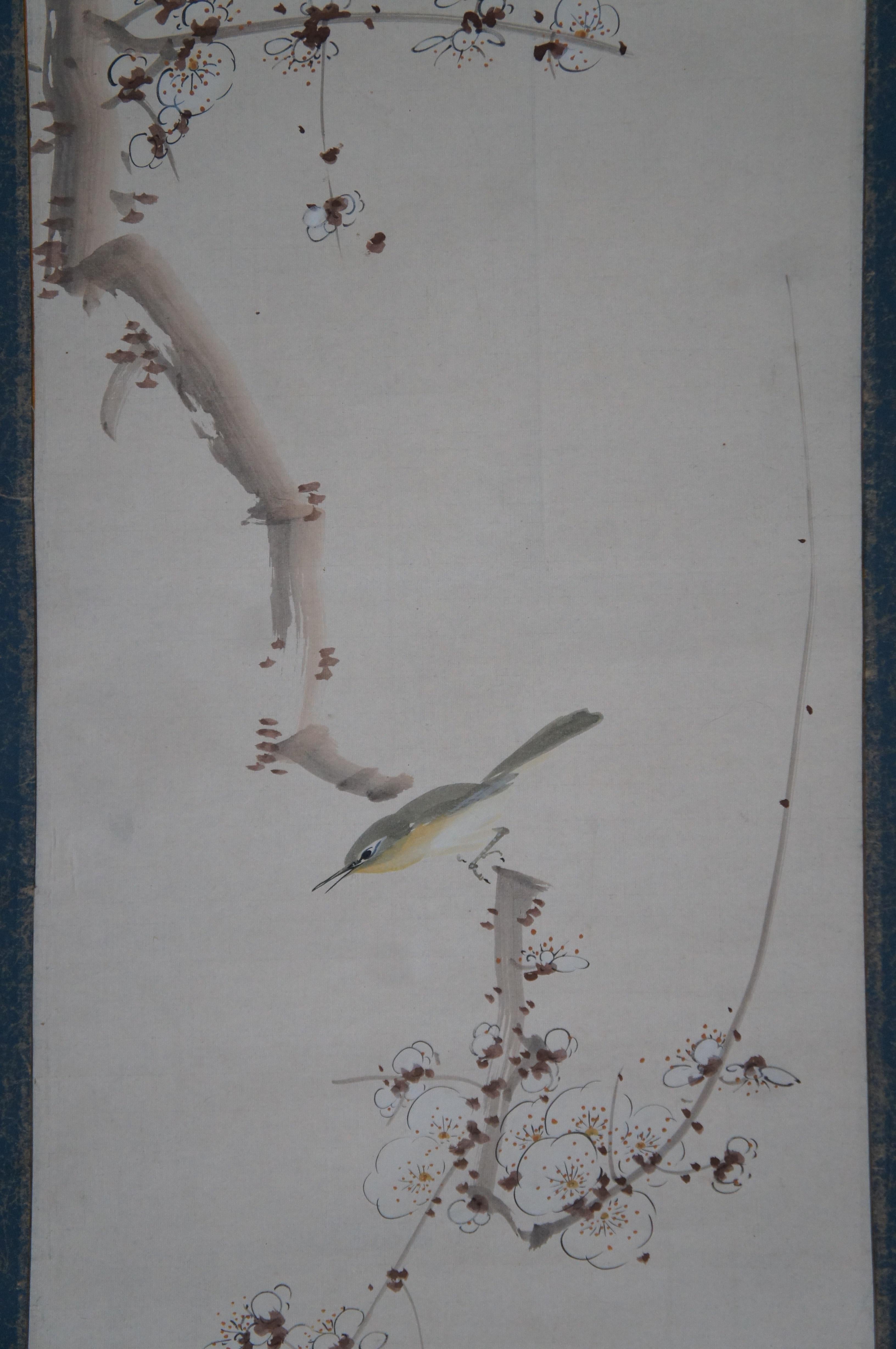 Soie Aquarelle asiatique ancienne signée sur papier Oiseau à volutes sur une branche de cerisier en fleurs en vente