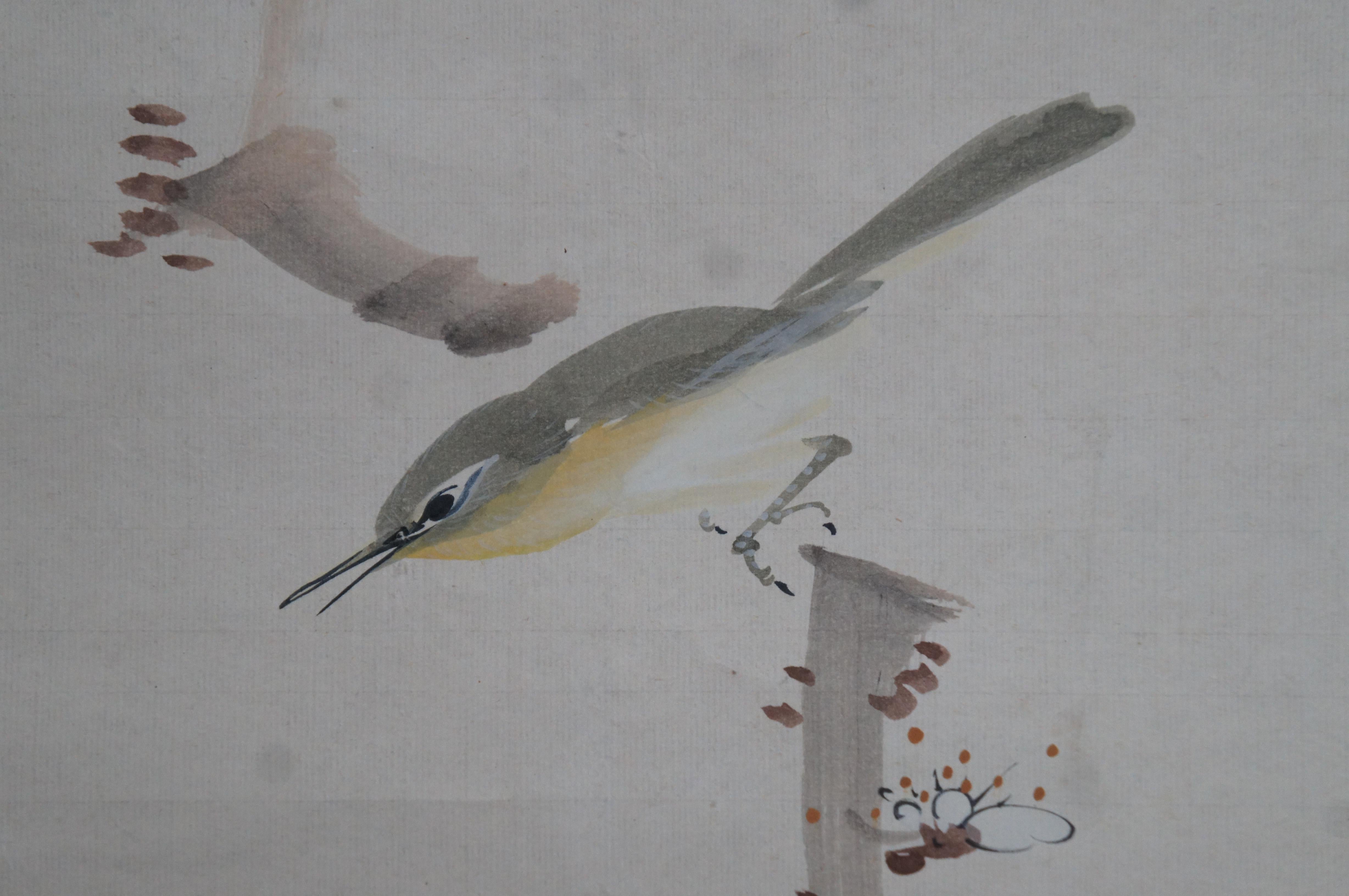 Silk Antique Signed Asian Watercolor on Paper Scroll Bird on Cherry Blossom Branch For Sale
