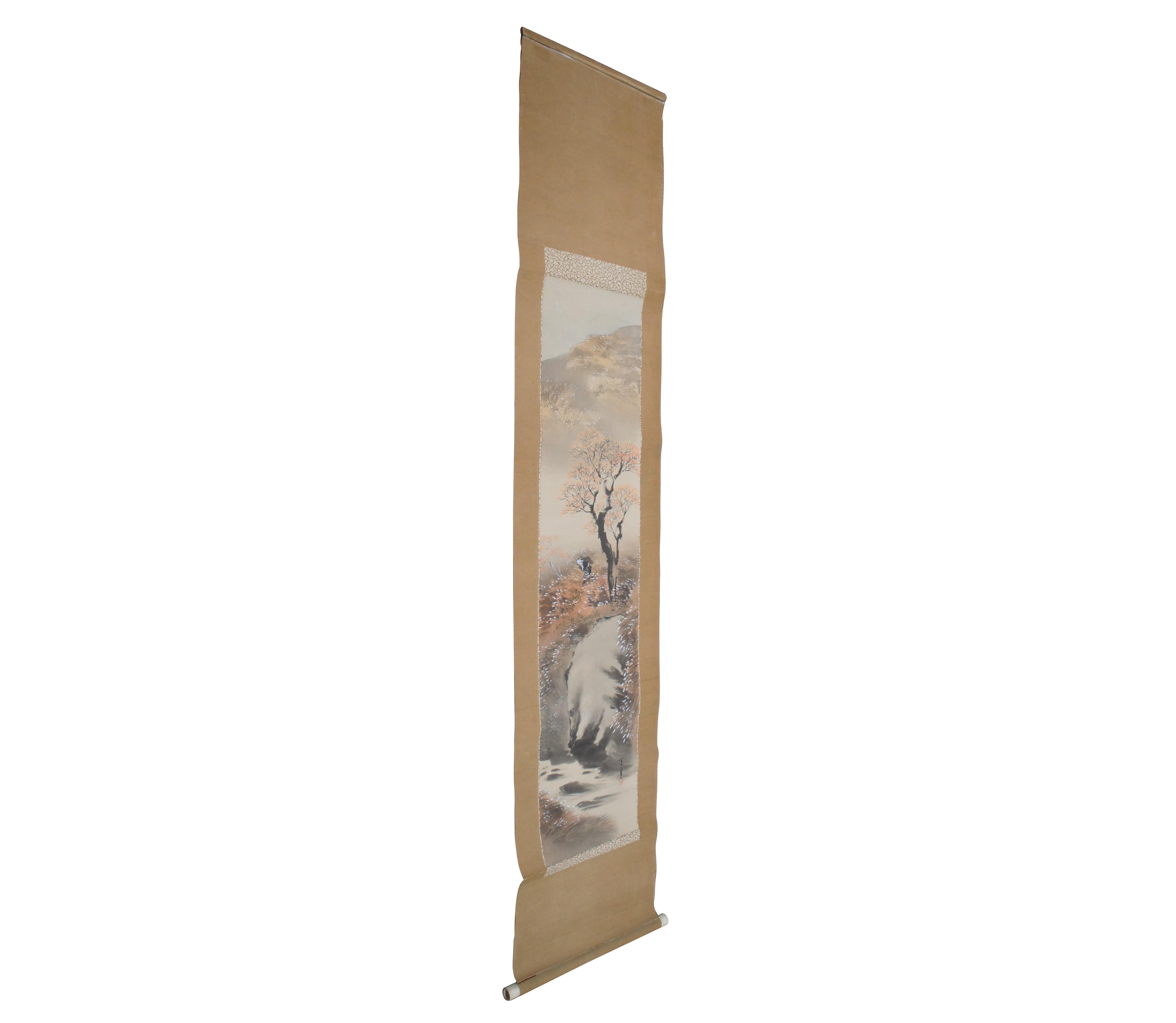 Chinoiserie Antique Signed Asian Watercolor on Silk Landscape Figure Scroll Cherry Blossom For Sale