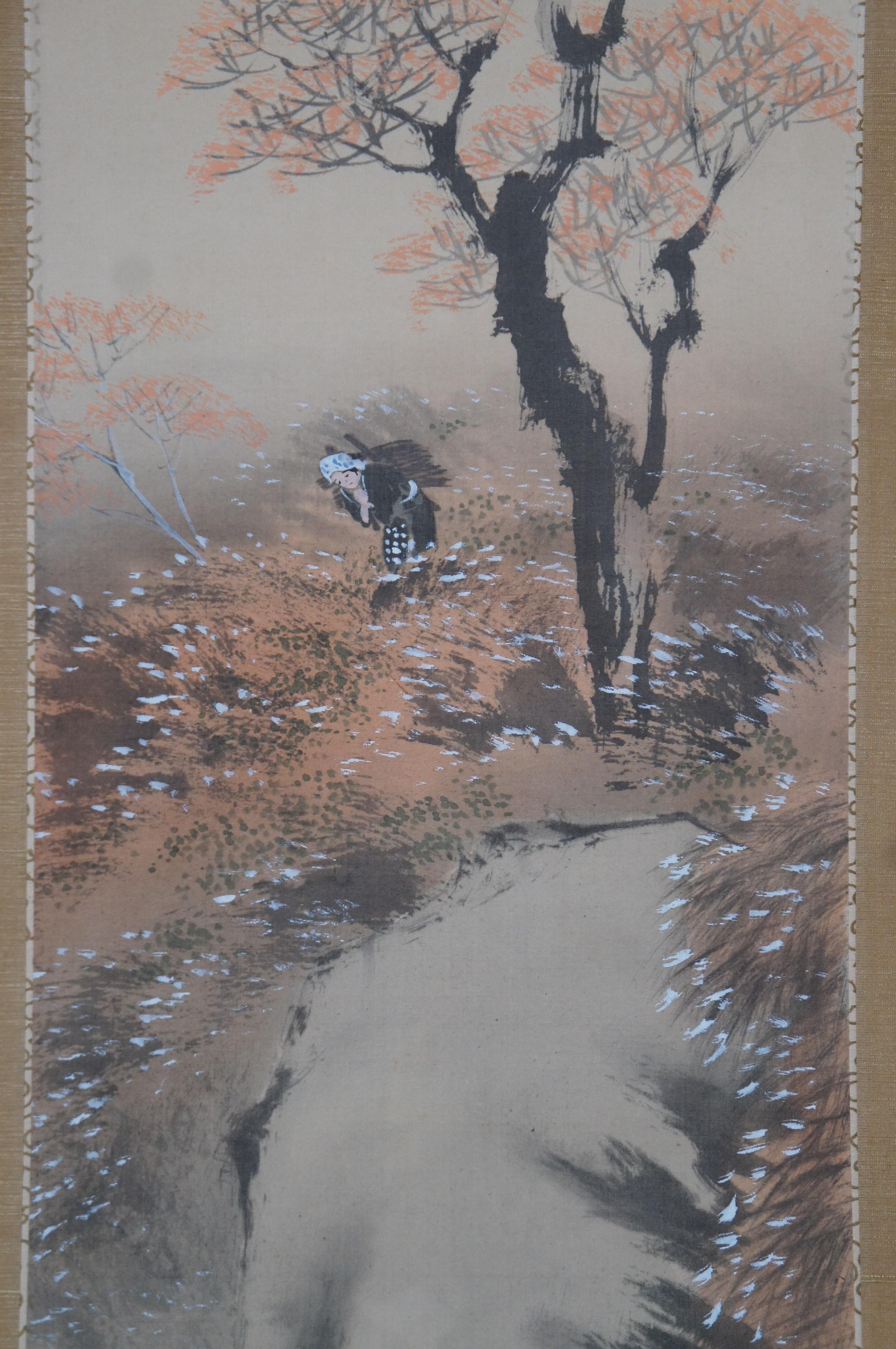20th Century Antique Signed Asian Watercolor on Silk Landscape Figure Scroll Cherry Blossom For Sale