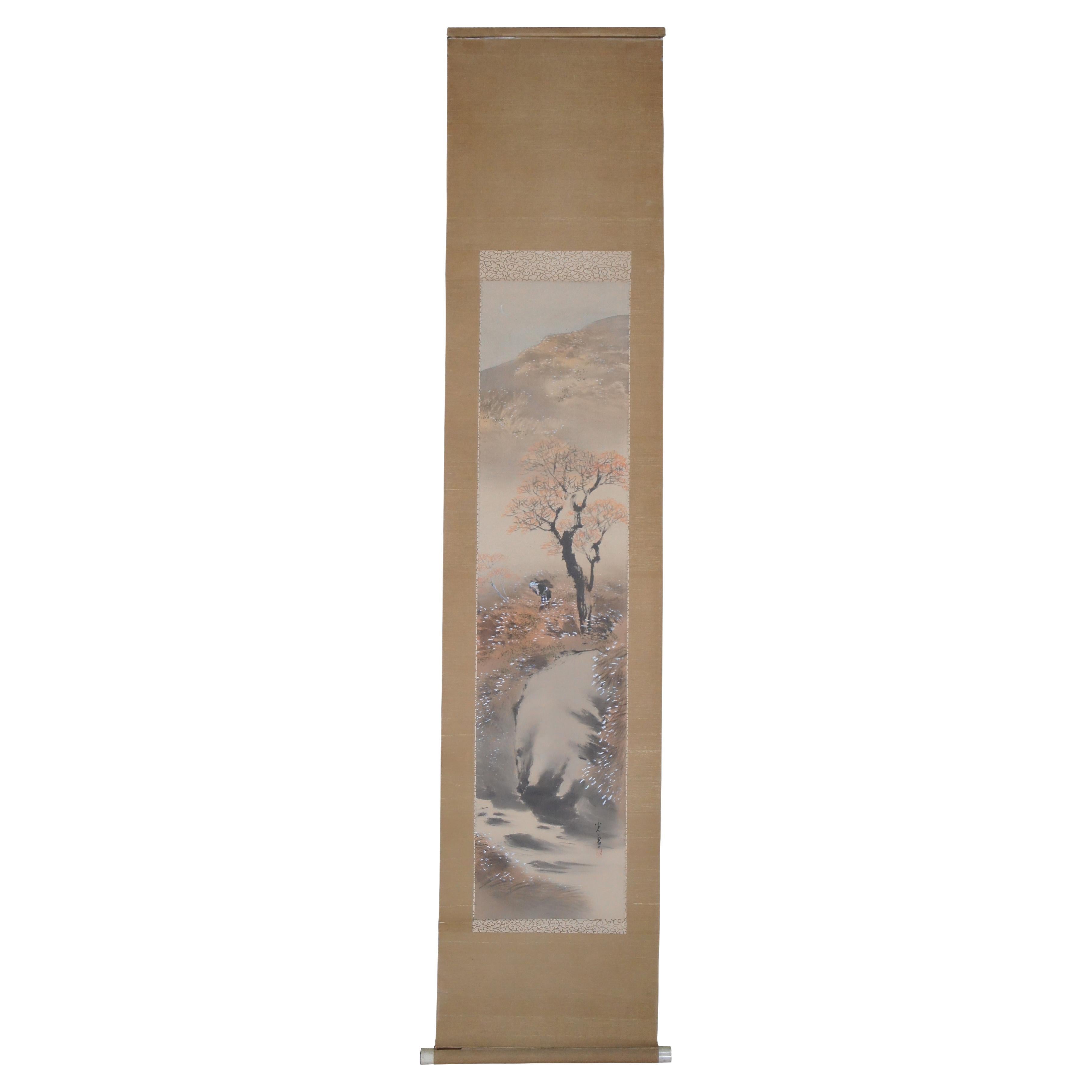 Antique Signed Asian Watercolor on Silk Landscape Figure Scroll Cherry Blossom For Sale