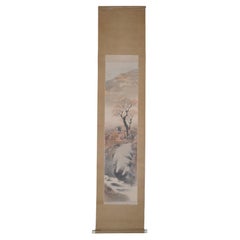 Antique Signed Asian Watercolor on Silk Landscape Figure Scroll Cherry Blossom