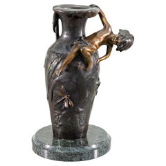 Antique Signed August Moreau Bronze Cherub and Dragonfly Vase on Marble Base