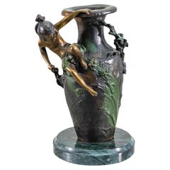 Antique Signed August Moreau Bronze Cherub and Flowers Vase on Marble Base