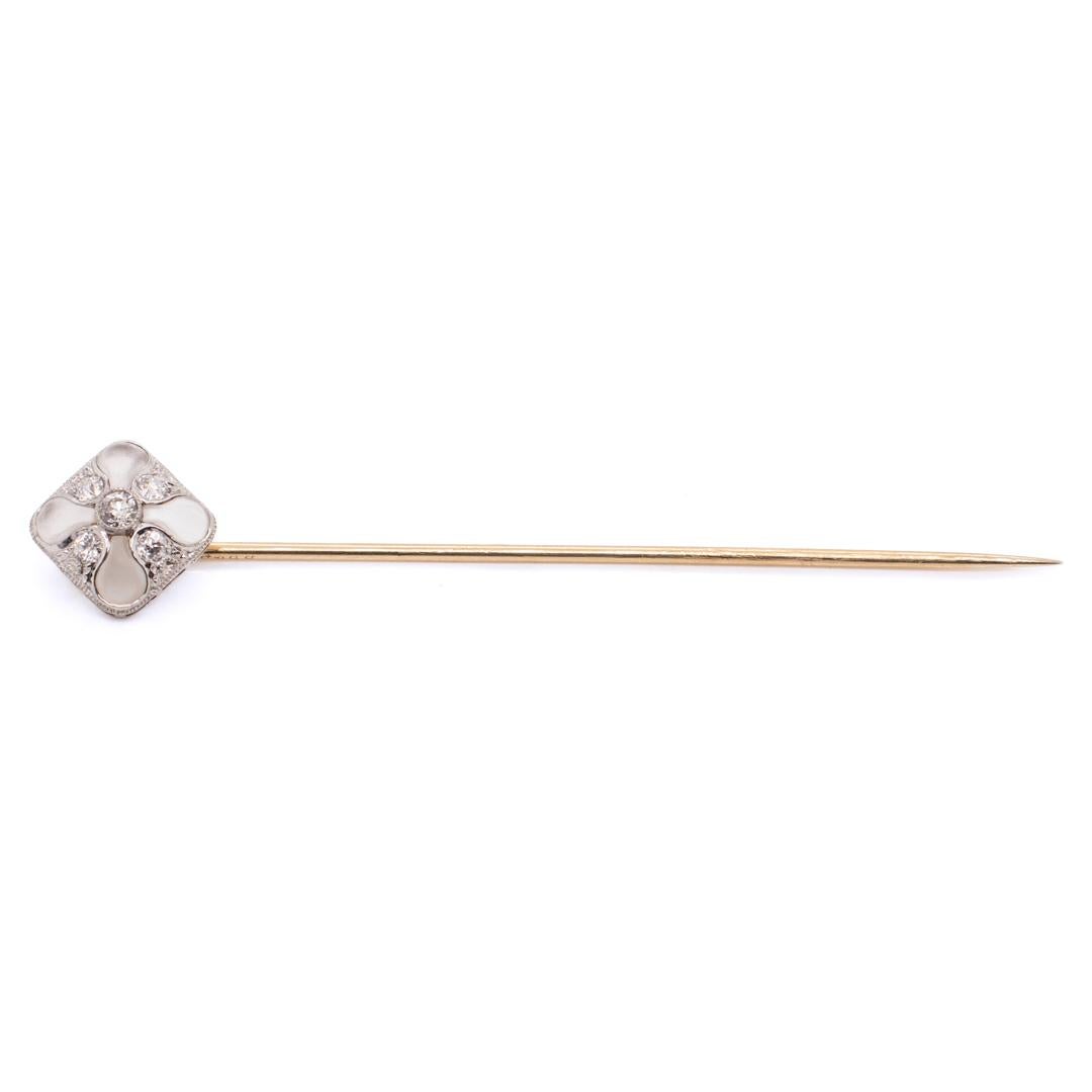 Round Cut Antique Signed Bailey, Banks & Biddle Art Deco Rock Crystal & Diamond Stick Pin For Sale