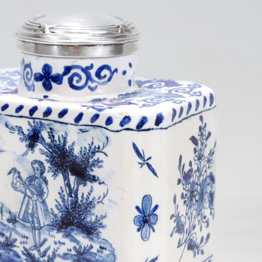 Antique Signed Blue & White Dutch Delft Pottery Tea Caddy signed AK 4
