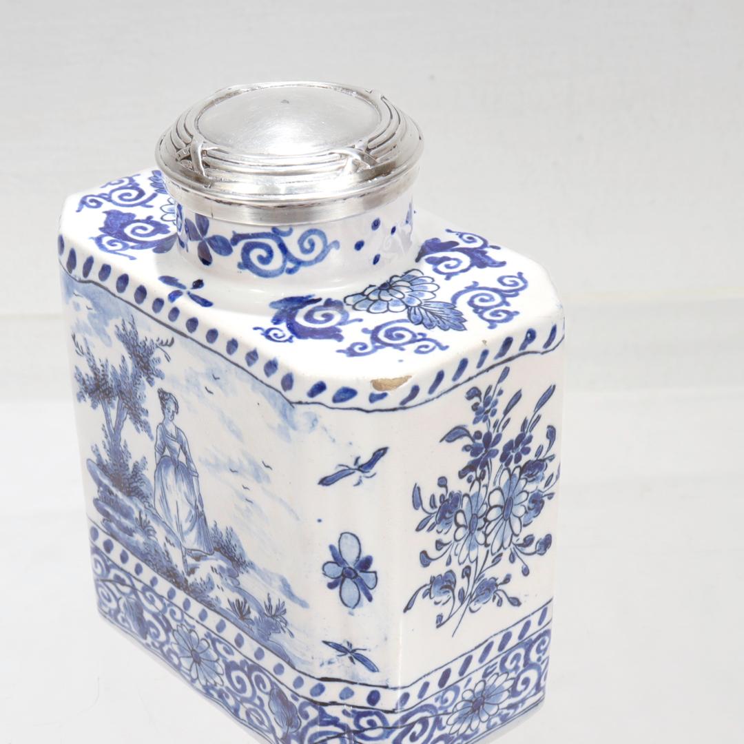 Antique Signed Blue & White Dutch Delft Pottery Tea Caddy signed AK 5