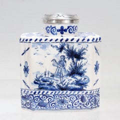 Antigua Jarra de té de cerámica holandesa de Delft azul y blanca firmada AK