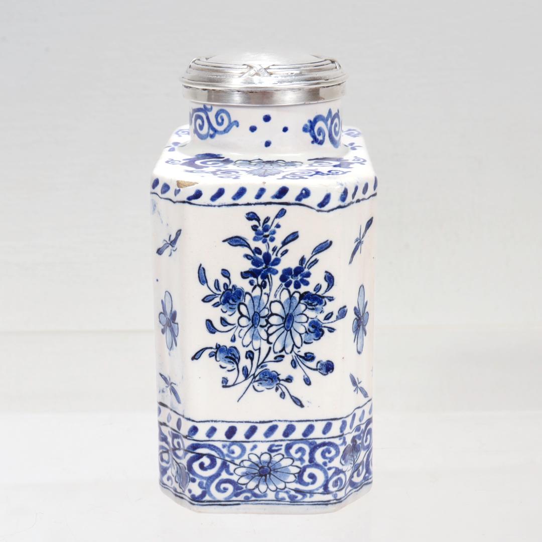 Antique Signed Blue & White Dutch Delft Pottery Tea Caddy signed AK In Good Condition In Philadelphia, PA