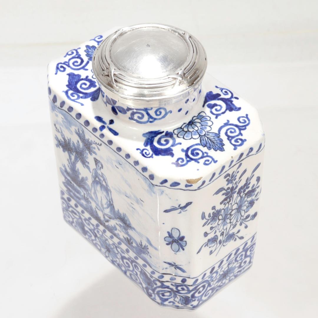 20th Century Antique Signed Blue & White Dutch Delft Pottery Tea Caddy signed AK
