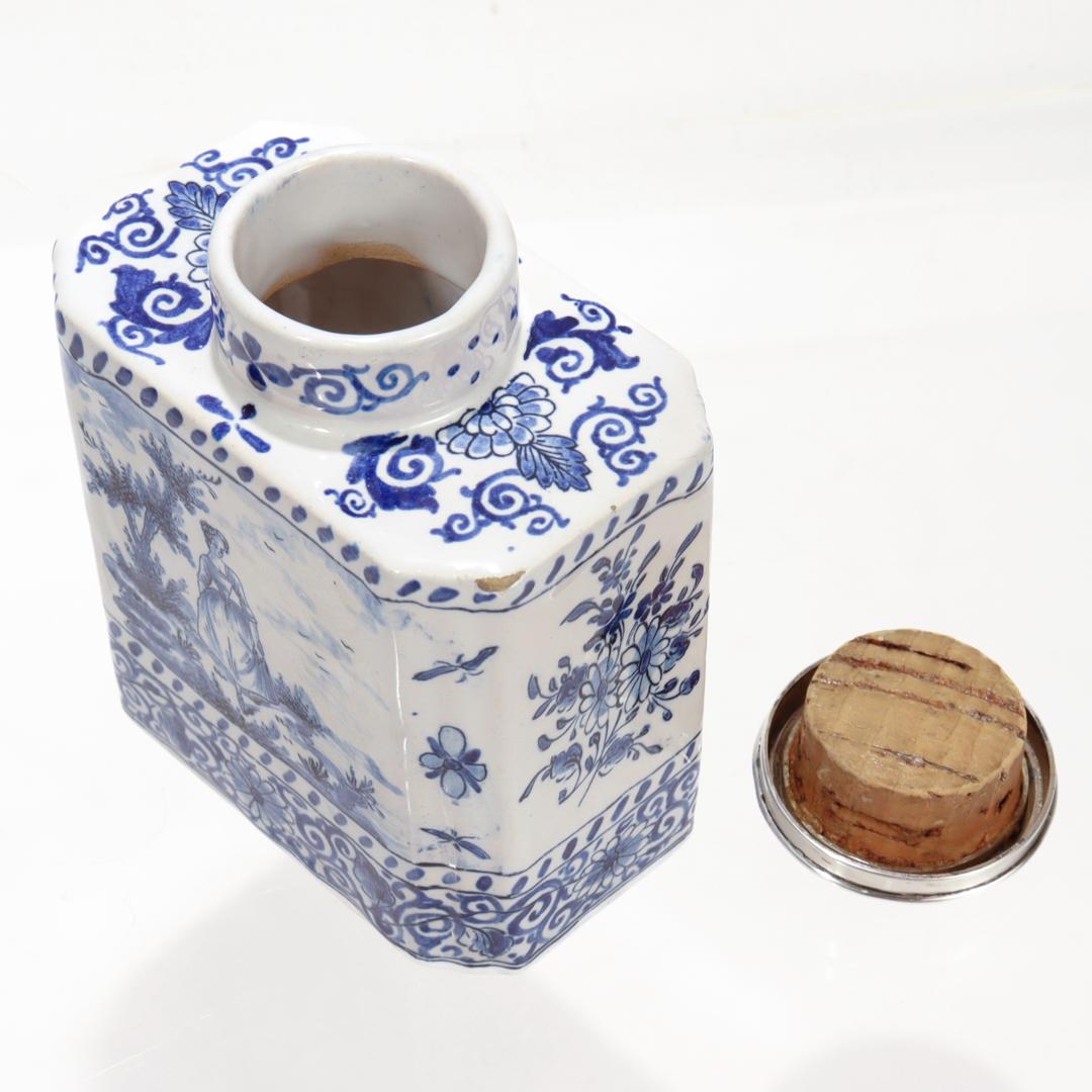 Silver Antique Signed Blue & White Dutch Delft Pottery Tea Caddy signed AK