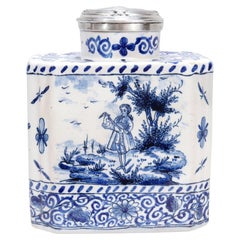 Antique Signed Blue & White Dutch Delft Pottery Tea Caddy signed AK