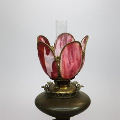 Antique Signed Bradley & Hubbard Cranberry Slag Glass Tulip Oil Lamp, c1890