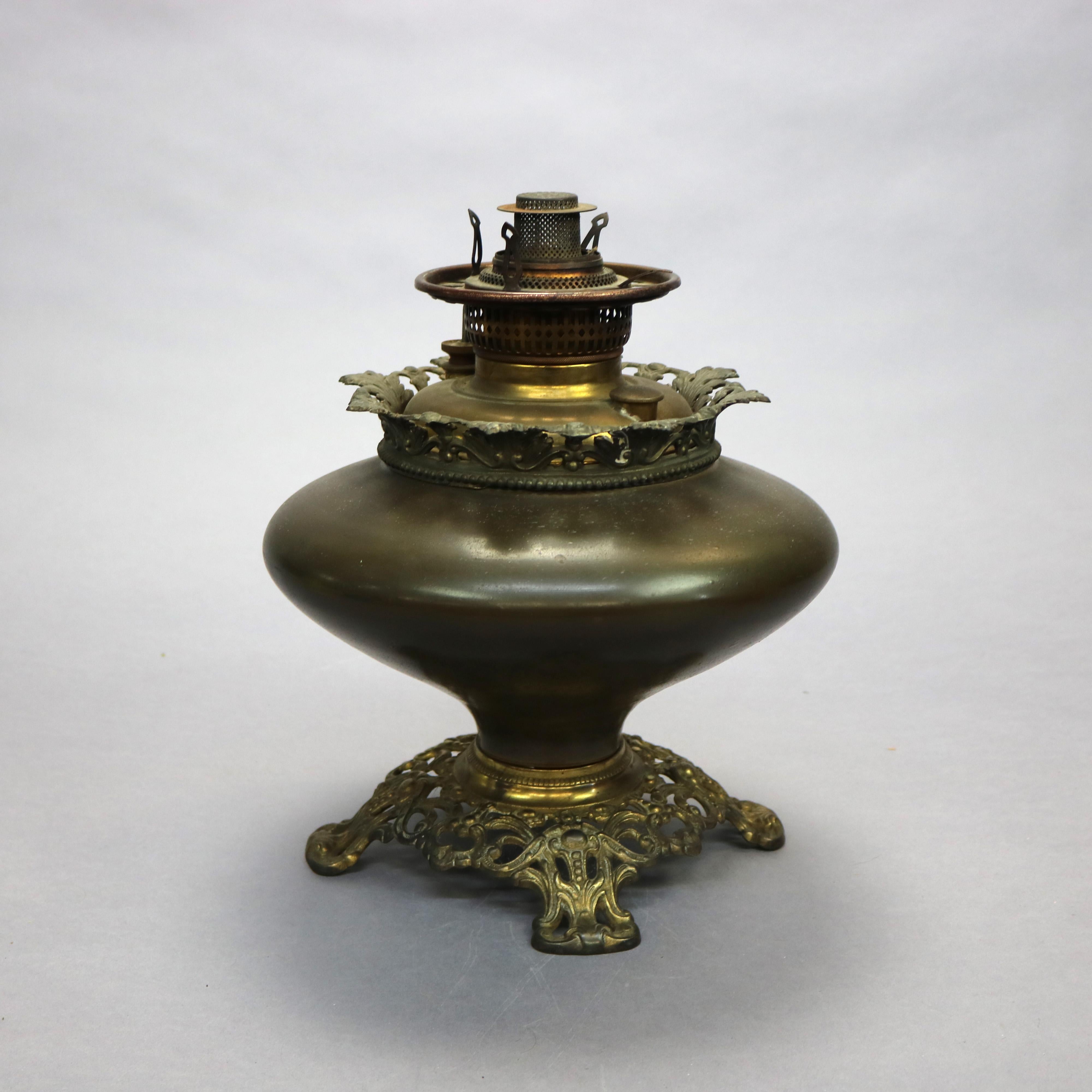 Victorian Antique Signed Bradley & Hubbard Cranberry Slag Glass Tulip Oil Lamp, c1890