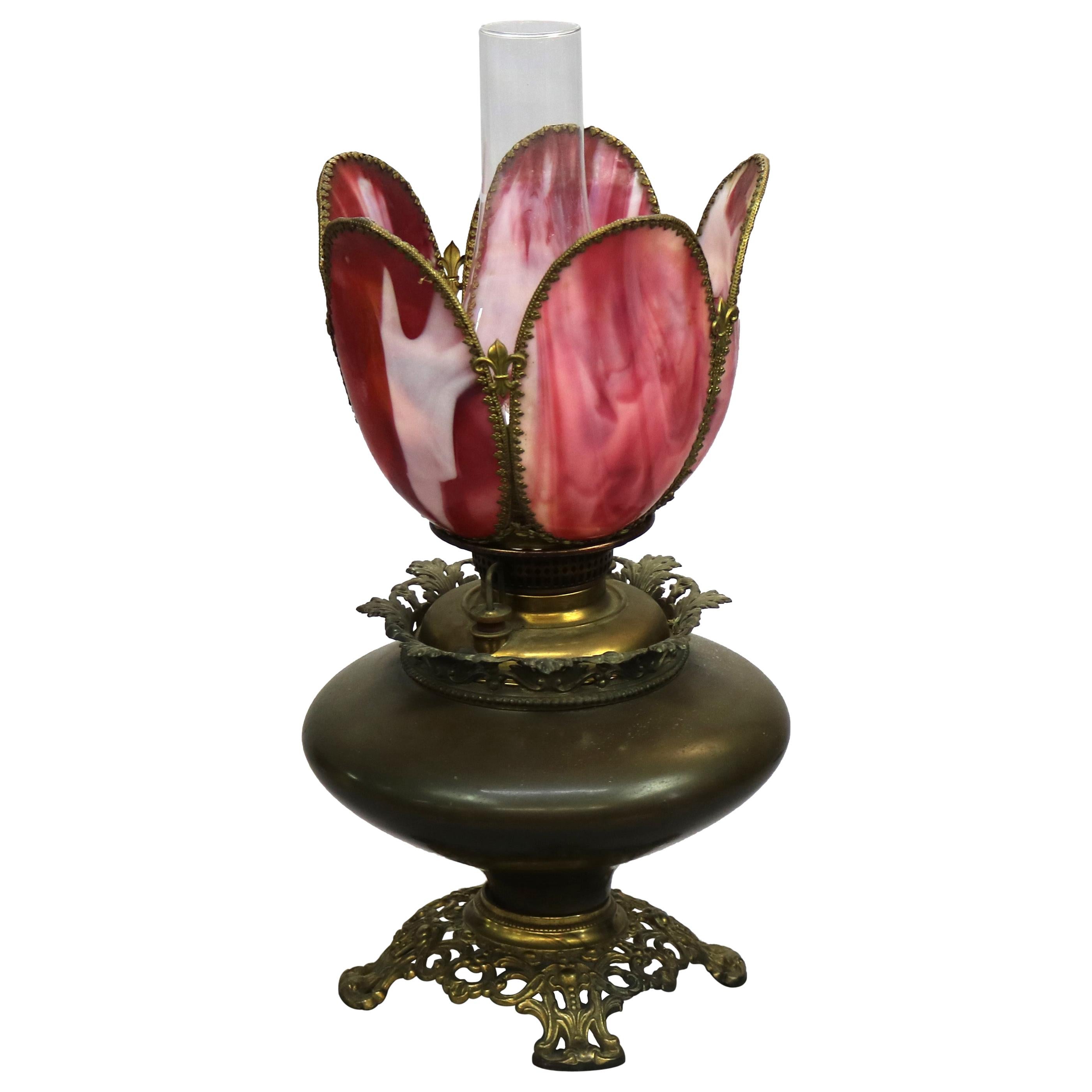 Antique Signed Bradley & Hubbard Cranberry Slag Glass Tulip Oil Lamp, c1890