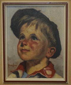 Antique Signed Brandsma Belgium Oil on Canvas Painting of Young Boy Part Set