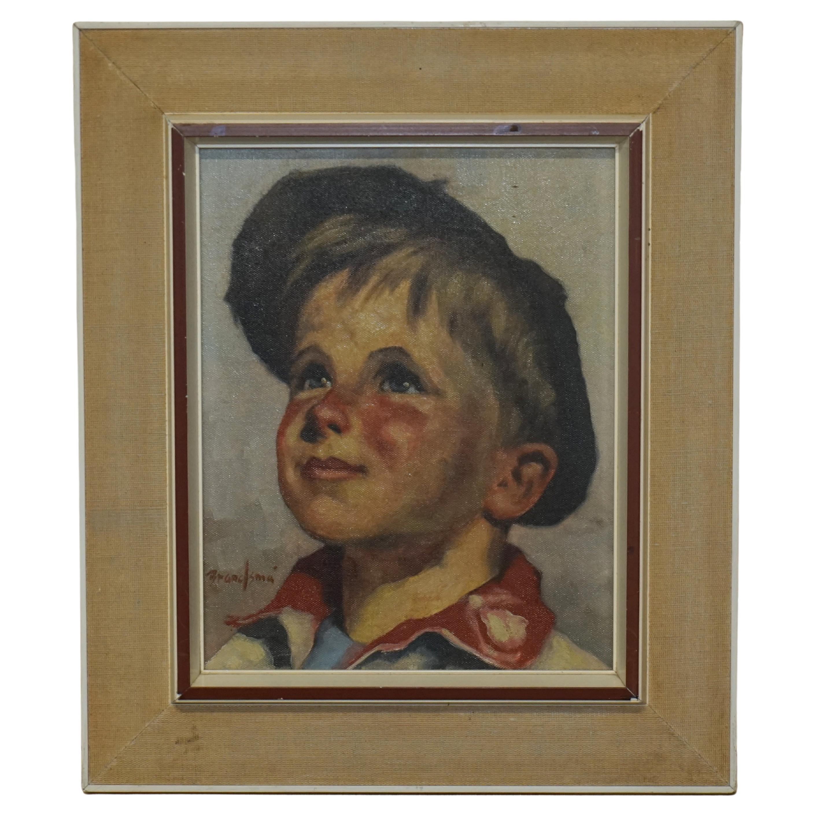 Antique Signed Brandsma Belgium Oil on Canvas Painting of Young Boy Part Set For Sale