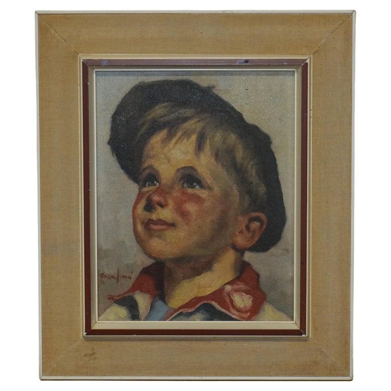 Antique Signed Brandsma Belgium Oil on Canvas Painting of Young Boy Part Set  For Sale at 1stDibs