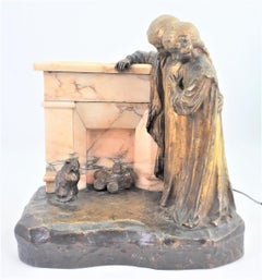 Antique Signed Bronze & Marble Lighted Table Sculpture of a Fireside Vignette