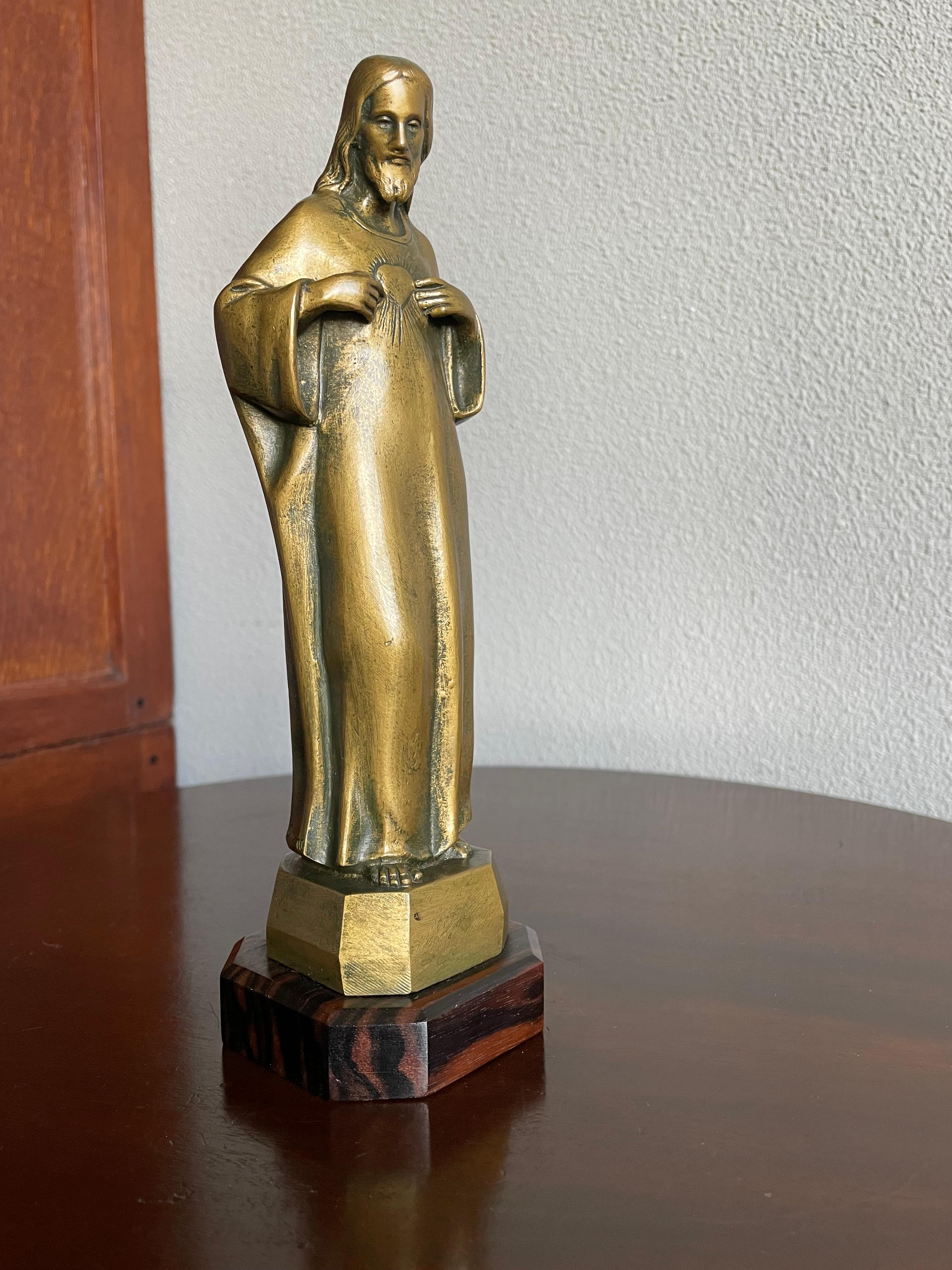 Art Deco Signed Bronze Sculpture of Christ w. Geometrical Coromandel Wooden Base For Sale 4