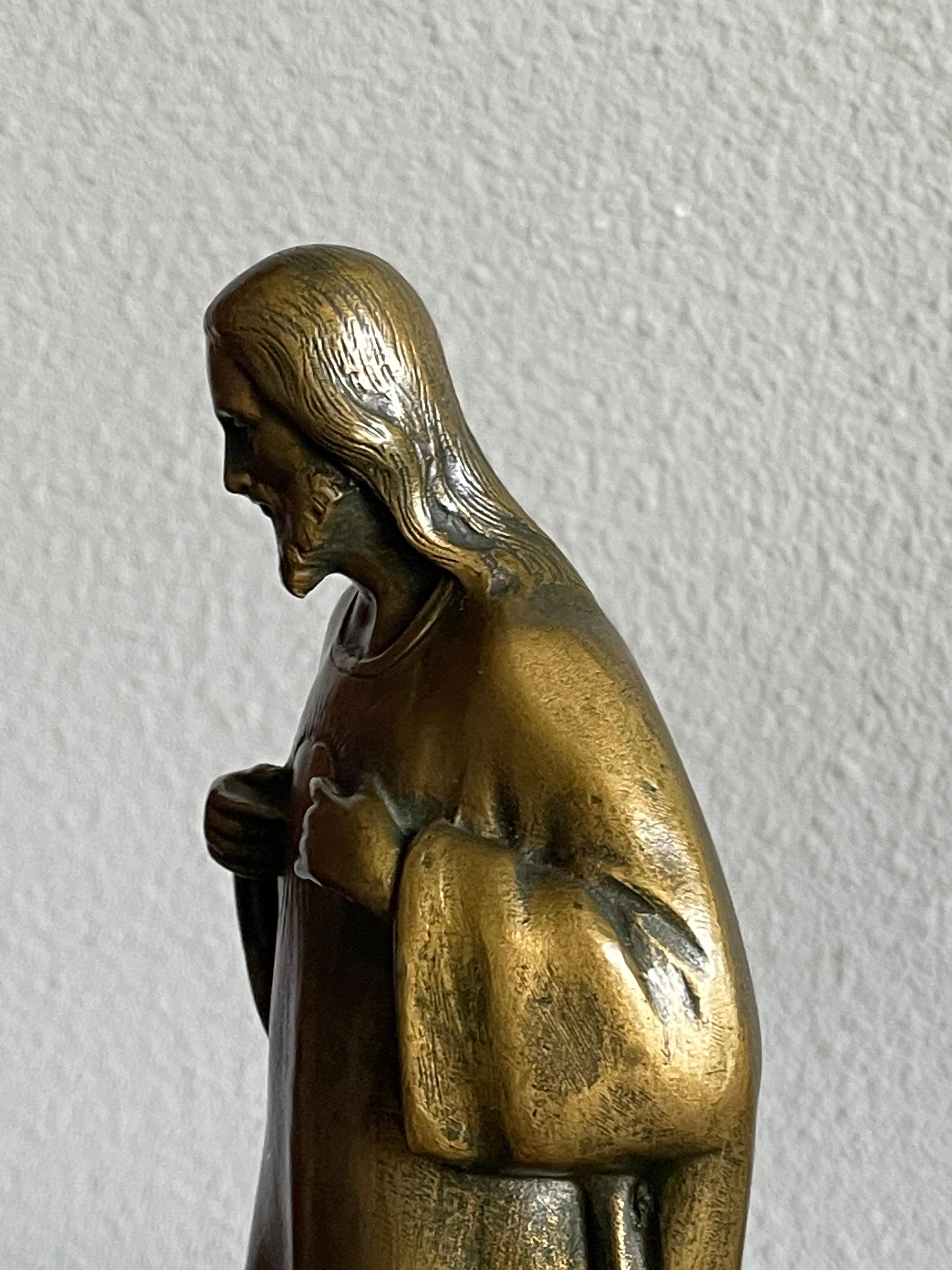 Art Deco Signed Bronze Sculpture of Christ w. Geometrical Coromandel Wooden Base For Sale 7