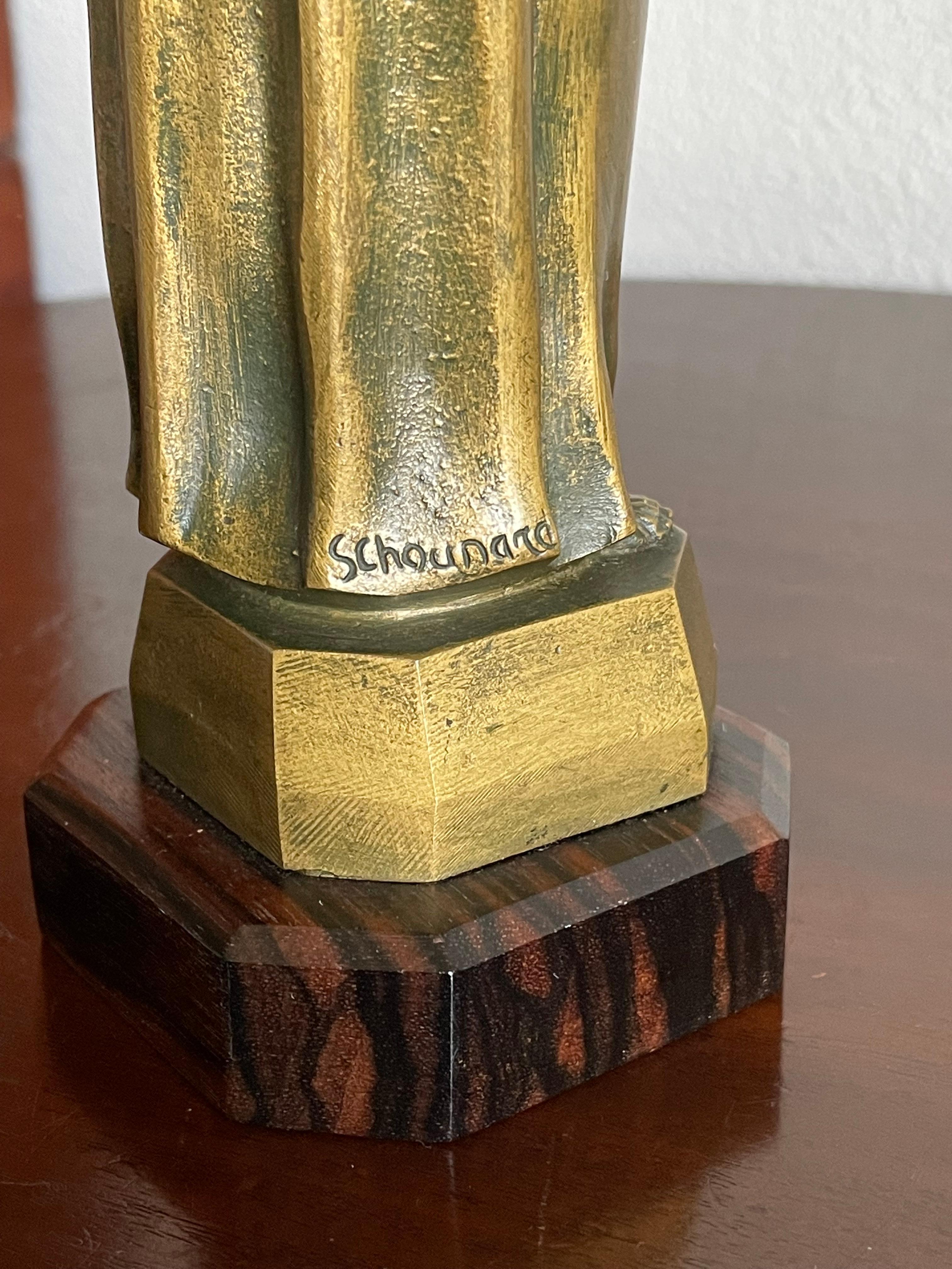 Art Deco Signed Bronze Sculpture of Christ w. Geometrical Coromandel Wooden Base In Excellent Condition For Sale In Lisse, NL
