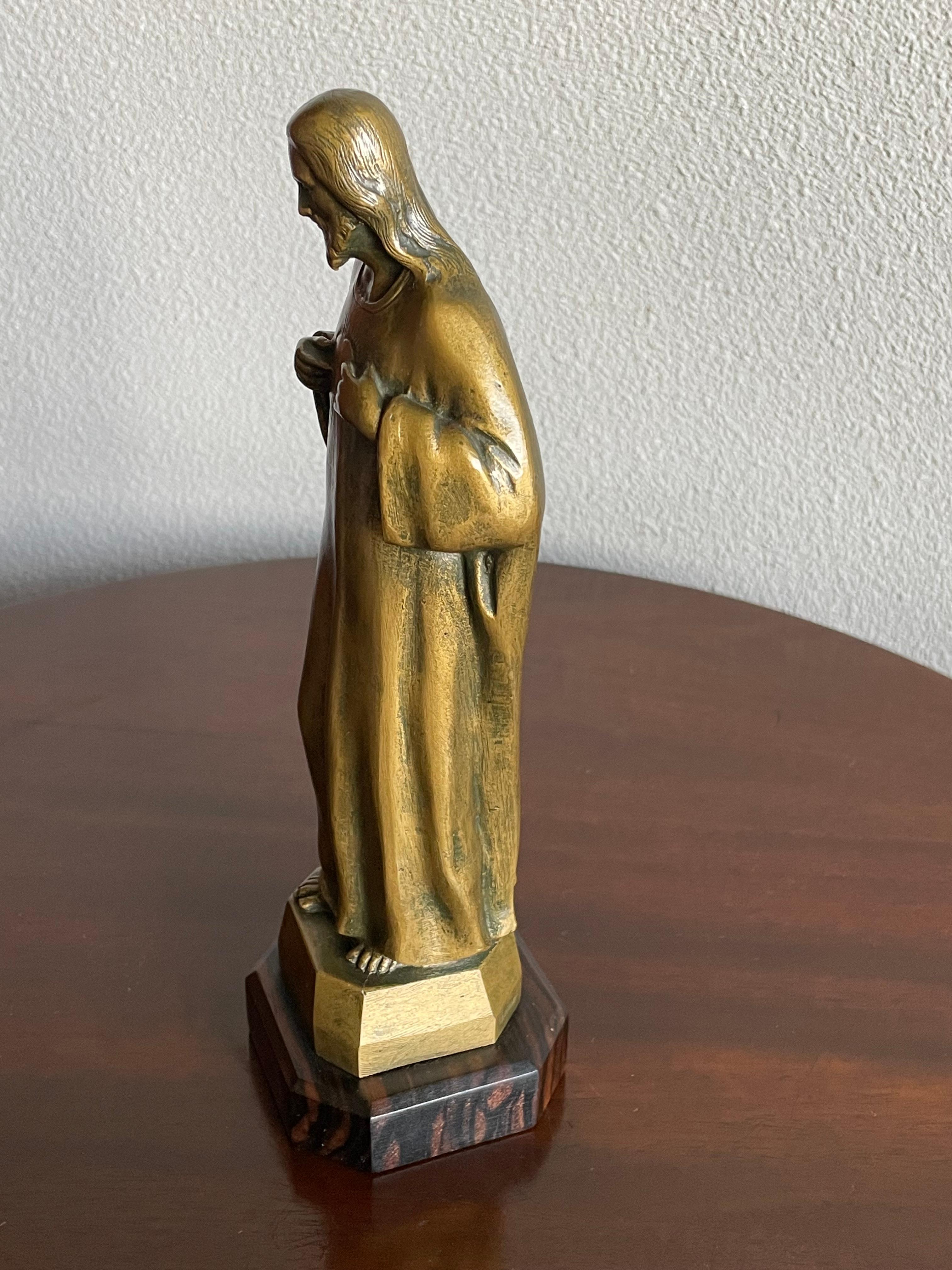 20th Century Art Deco Signed Bronze Sculpture of Christ w. Geometrical Coromandel Wooden Base For Sale