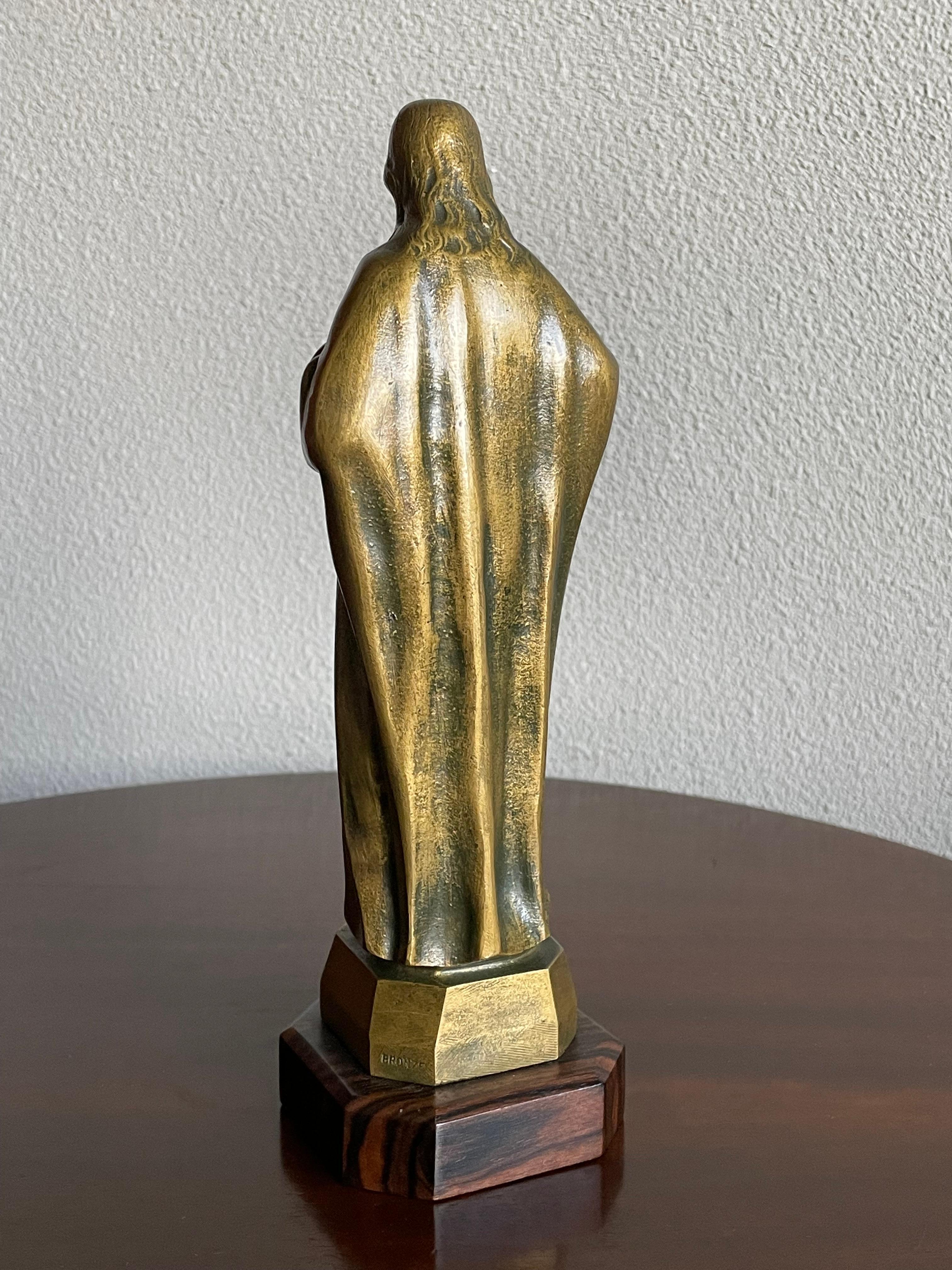 Art Deco Signed Bronze Sculpture of Christ w. Geometrical Coromandel Wooden Base For Sale 1
