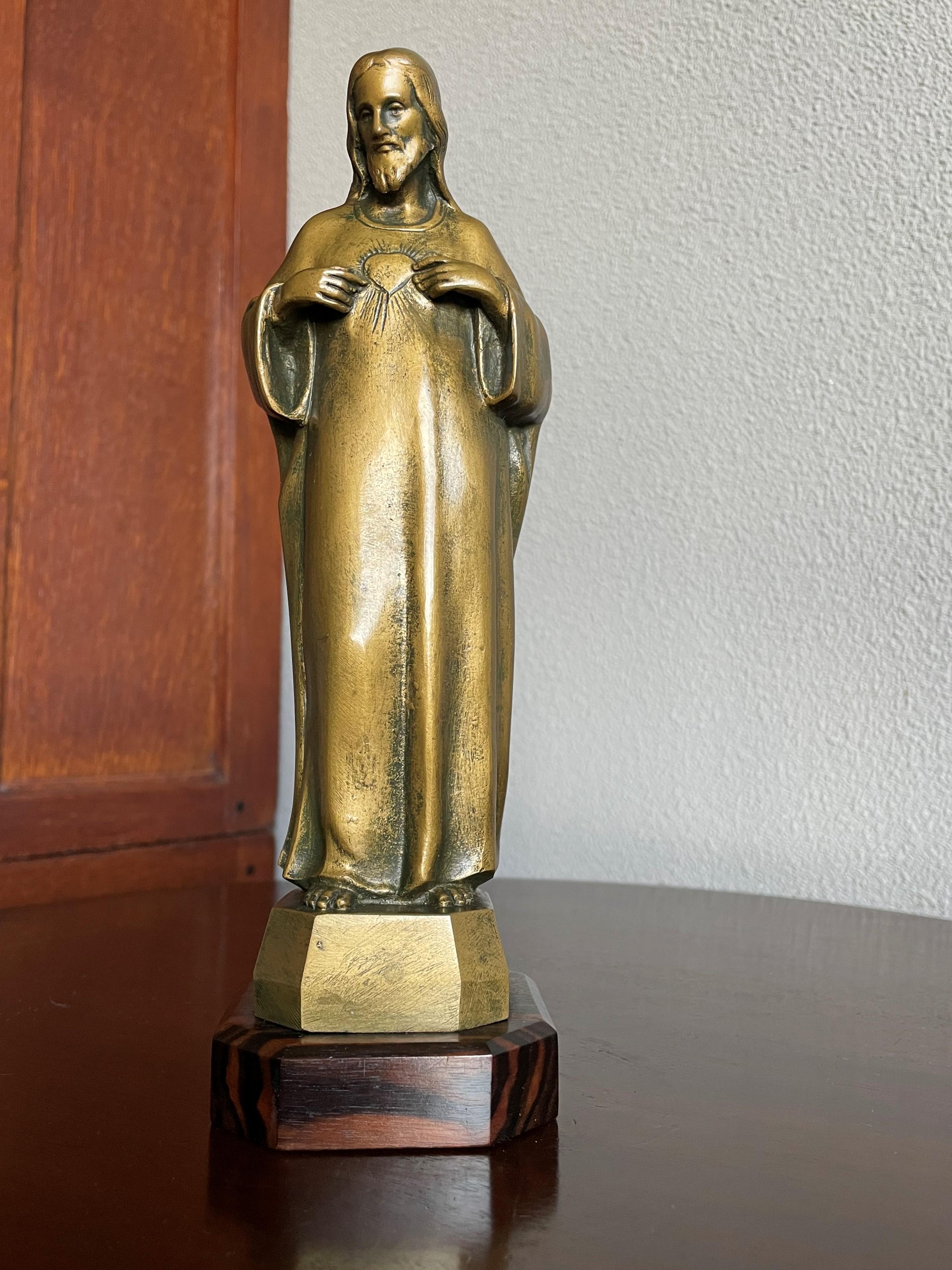 Art Deco Signed Bronze Sculpture of Christ w. Geometrical Coromandel Wooden Base For Sale 3