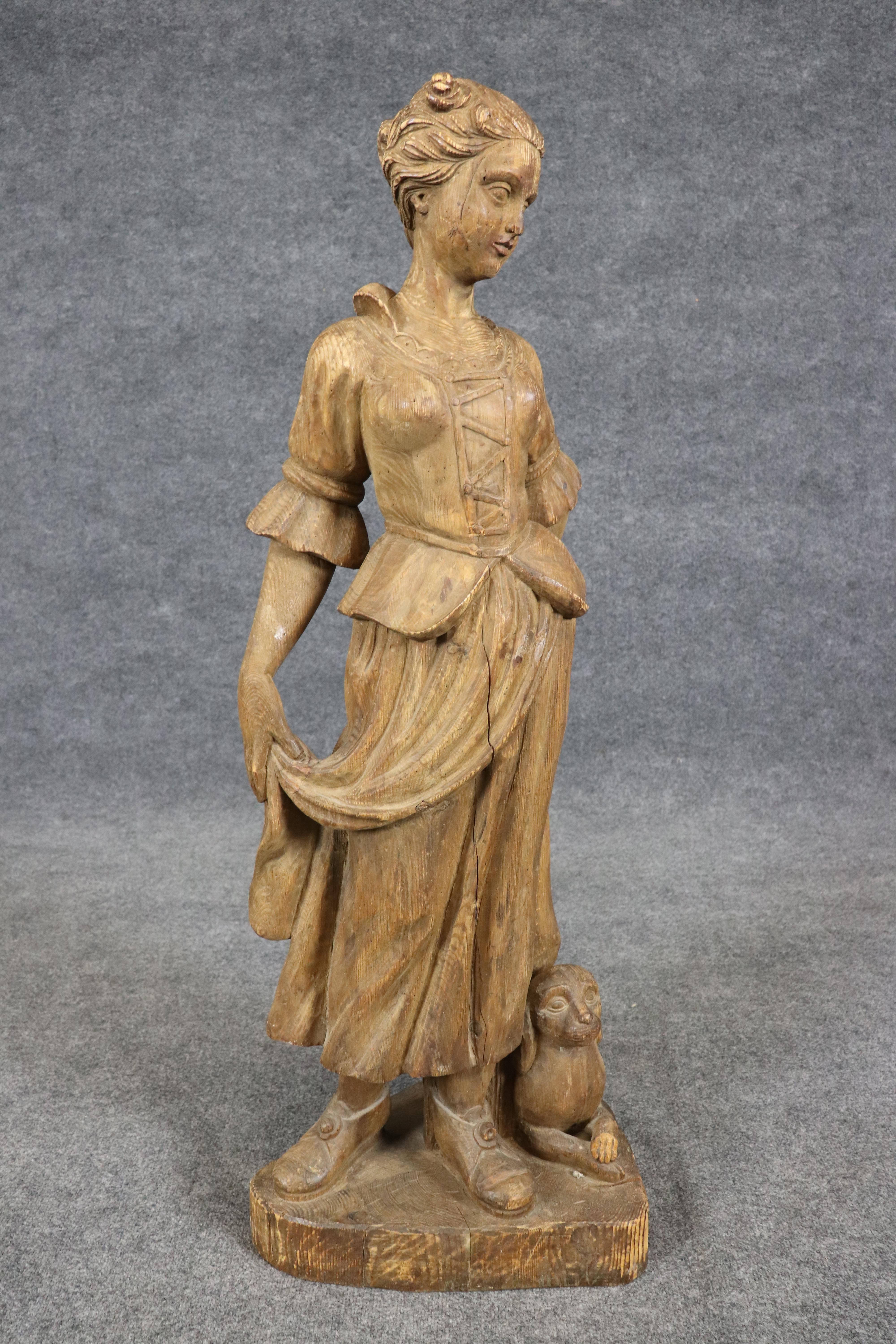 Wood Antique Signed Chapman Figure of a Girl with her Dog 1920s era Made in Spain For Sale