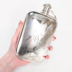 Antique Signed Chinese Export Silver Flask with Bamboo Decoration