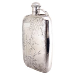 Antique Signed Chinese Export Silver Flask with Bamboo Decoration