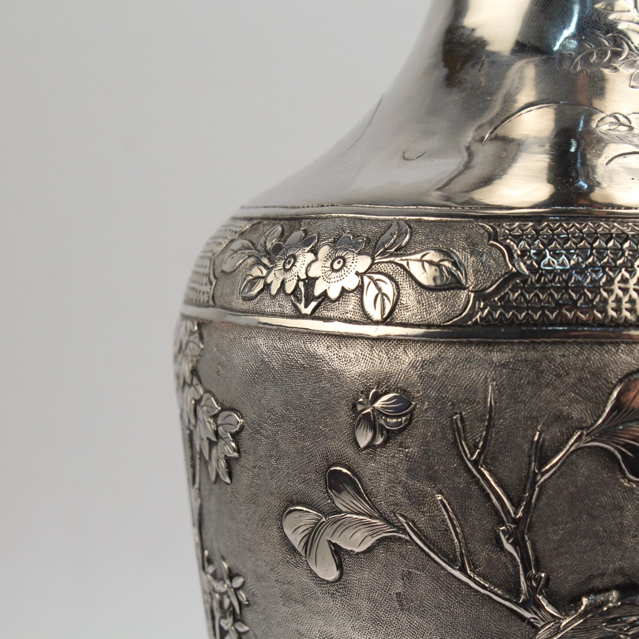 Antique Signed Chinese Export Sterling Silver Vase with Landscape and Figures For Sale 3