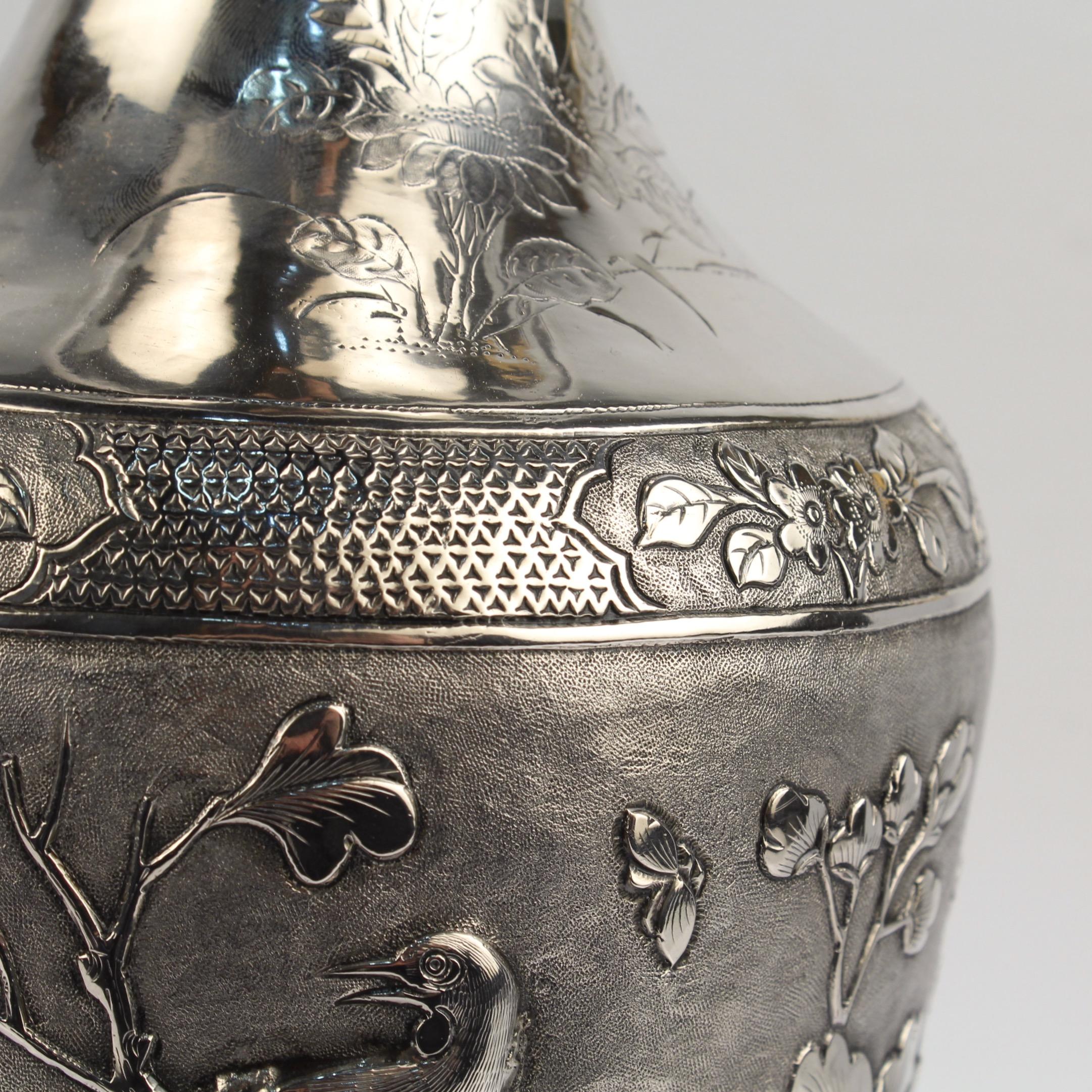 Antique Signed Chinese Export Sterling Silver Vase with Landscape and Figures For Sale 4