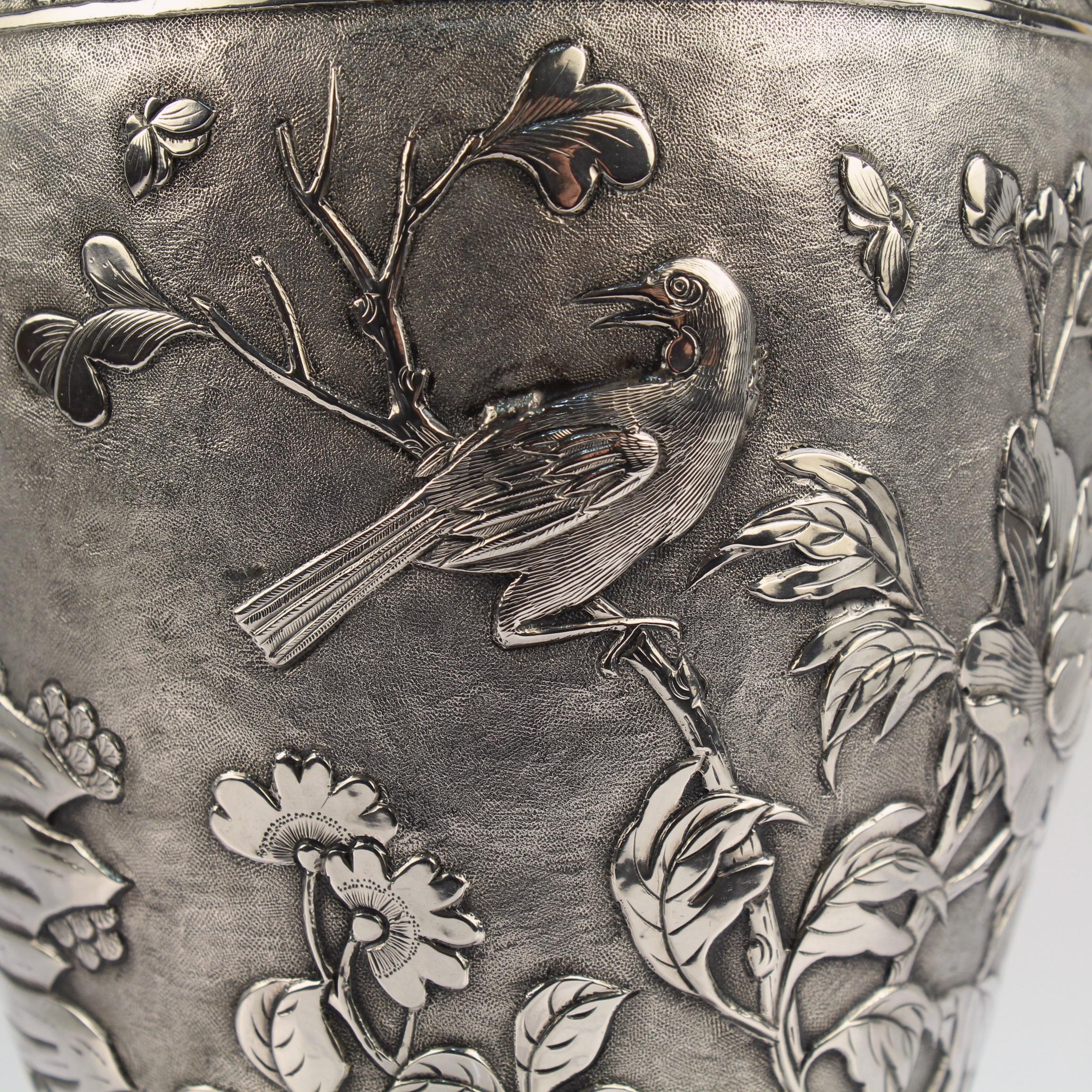 Antique Signed Chinese Export Sterling Silver Vase with Landscape and Figures For Sale 6