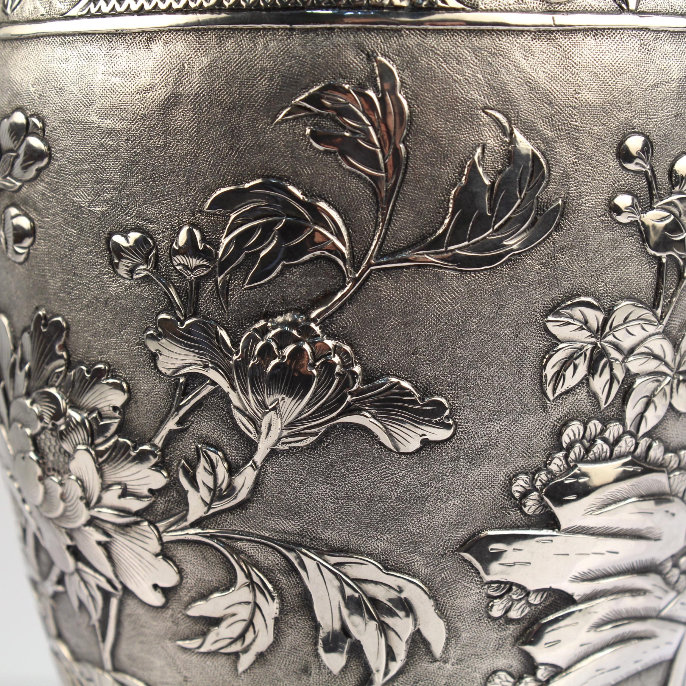 Antique Signed Chinese Export Sterling Silver Vase with Landscape and Figures For Sale 7