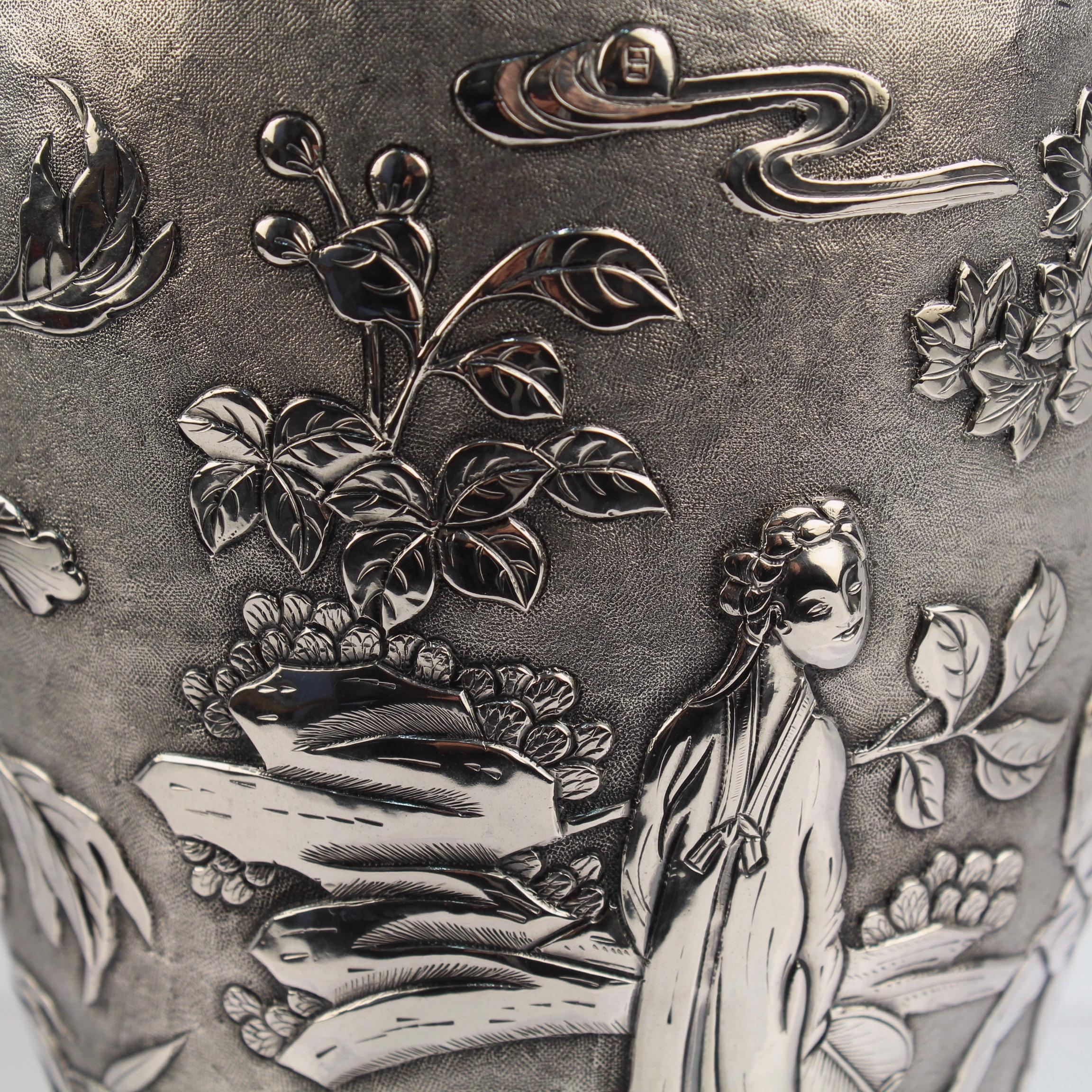 Antique Signed Chinese Export Sterling Silver Vase with Landscape and Figures For Sale 8
