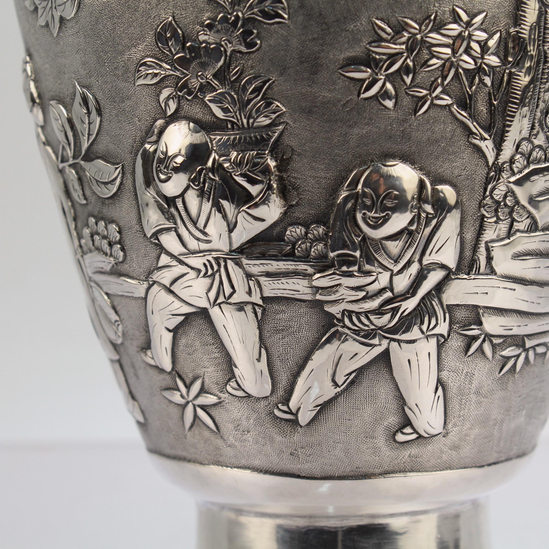 Antique Signed Chinese Export Sterling Silver Vase with Landscape and Figures For Sale 9
