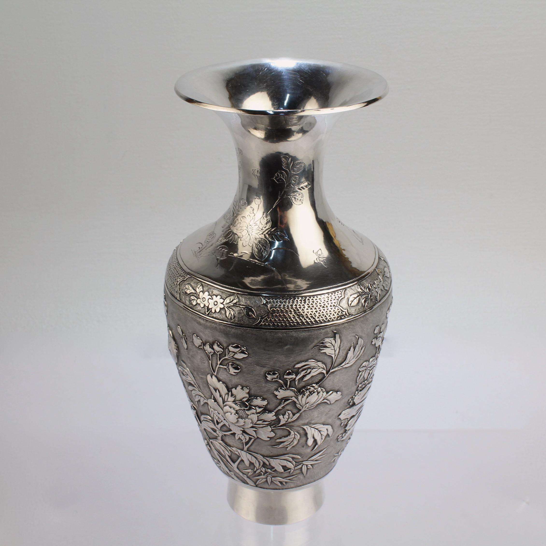 Antique Signed Chinese Export Sterling Silver Vase with Landscape and Figures For Sale 10