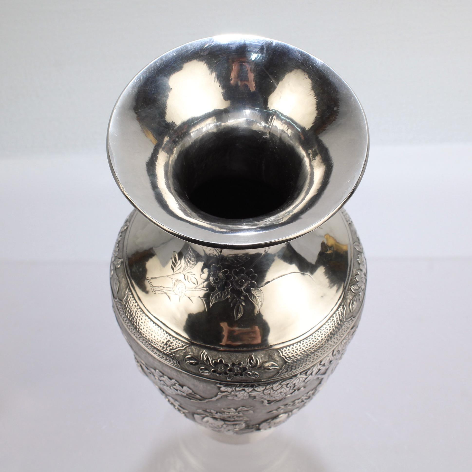 Antique Signed Chinese Export Sterling Silver Vase with Landscape and Figures For Sale 11