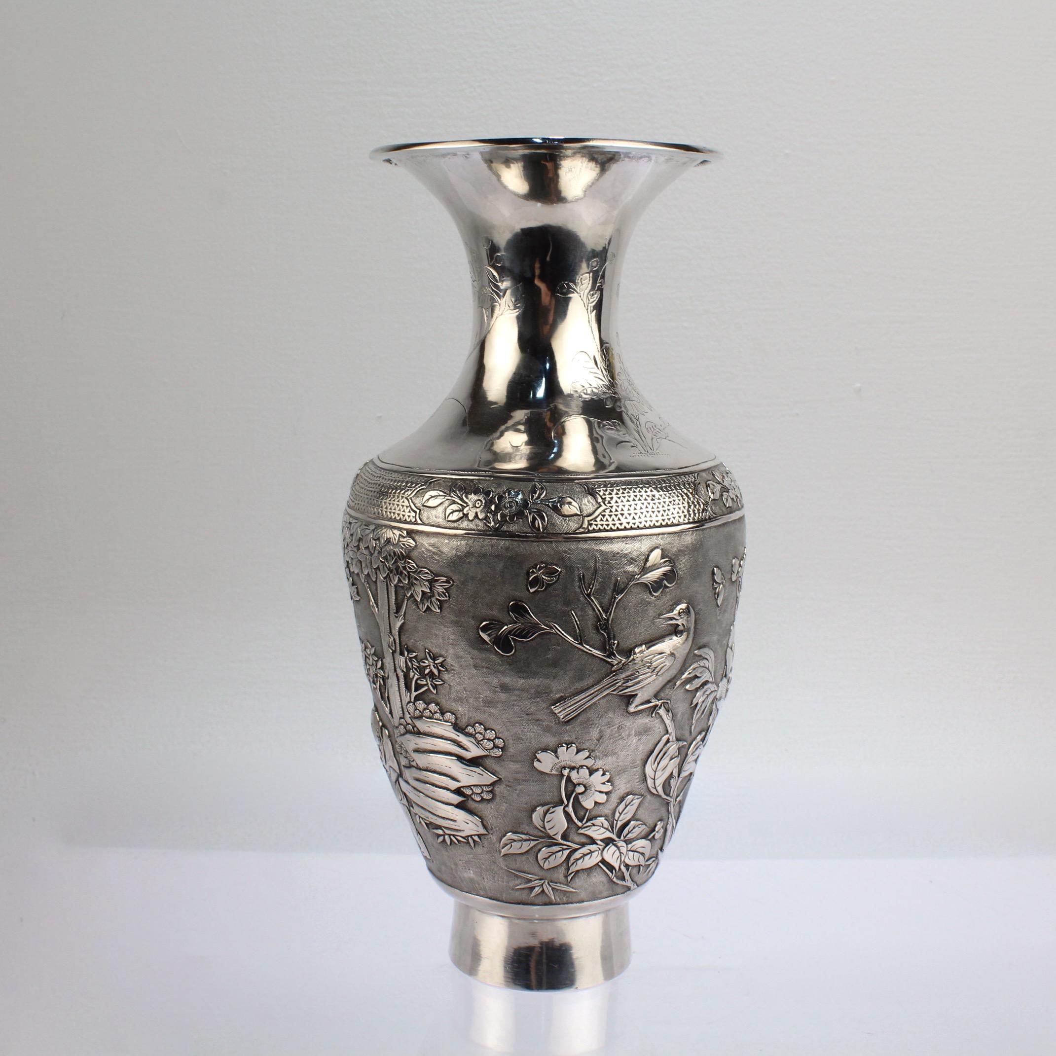Antique Signed Chinese Export Sterling Silver Vase with Landscape and Figures In Good Condition For Sale In Philadelphia, PA